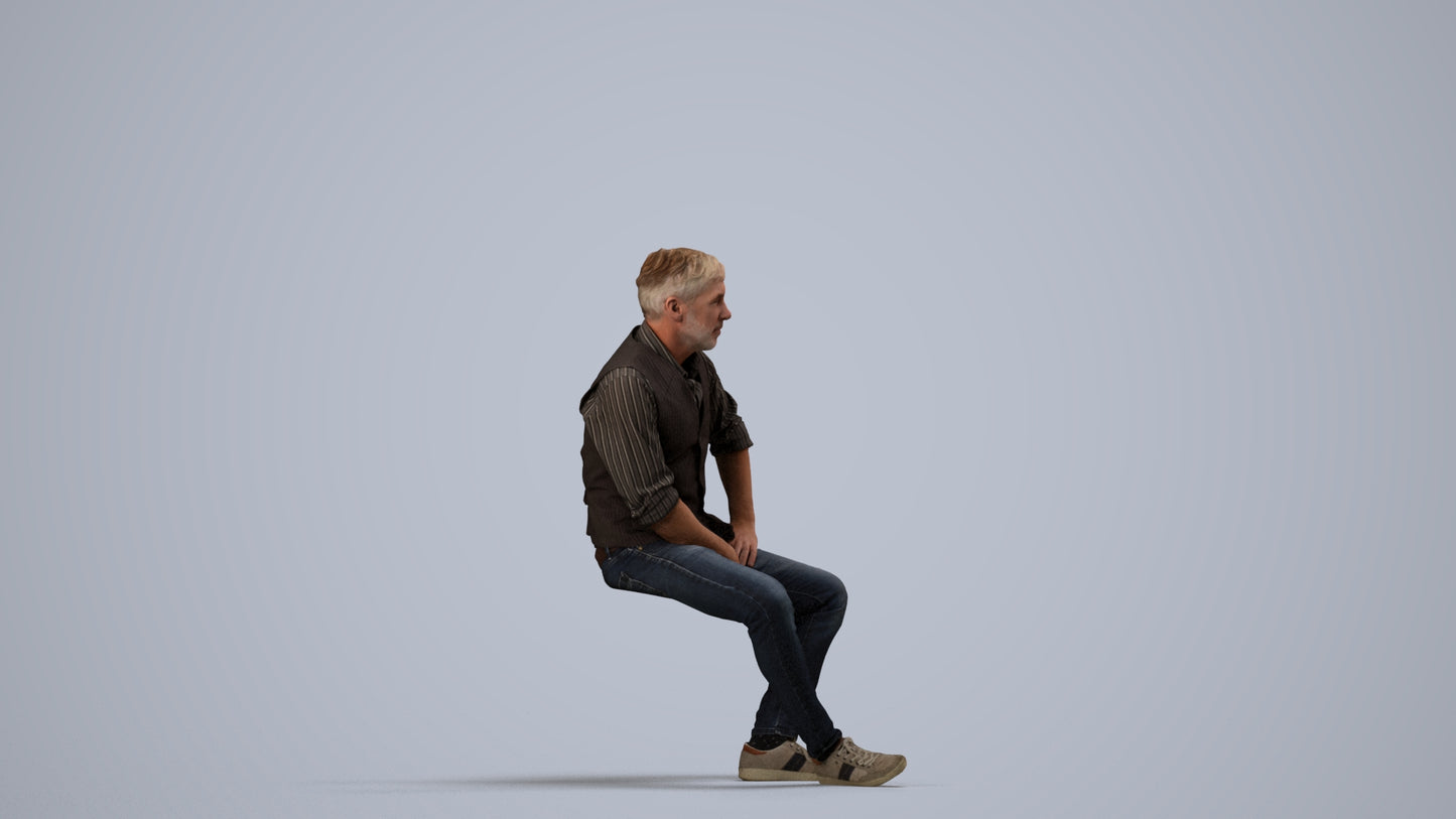 scanned 3D man casual sitting, photogrammetry people for Enscape and V-Ray, side view render