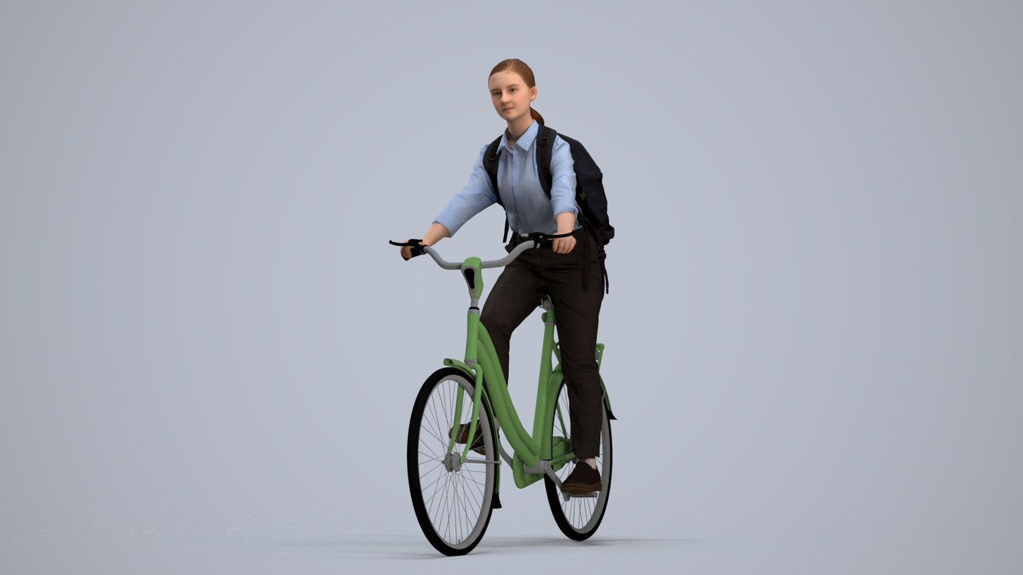 realistic 3D people girl business cycling, render-ready for V-Ray and Corona, FBX OBJ, standing pose render