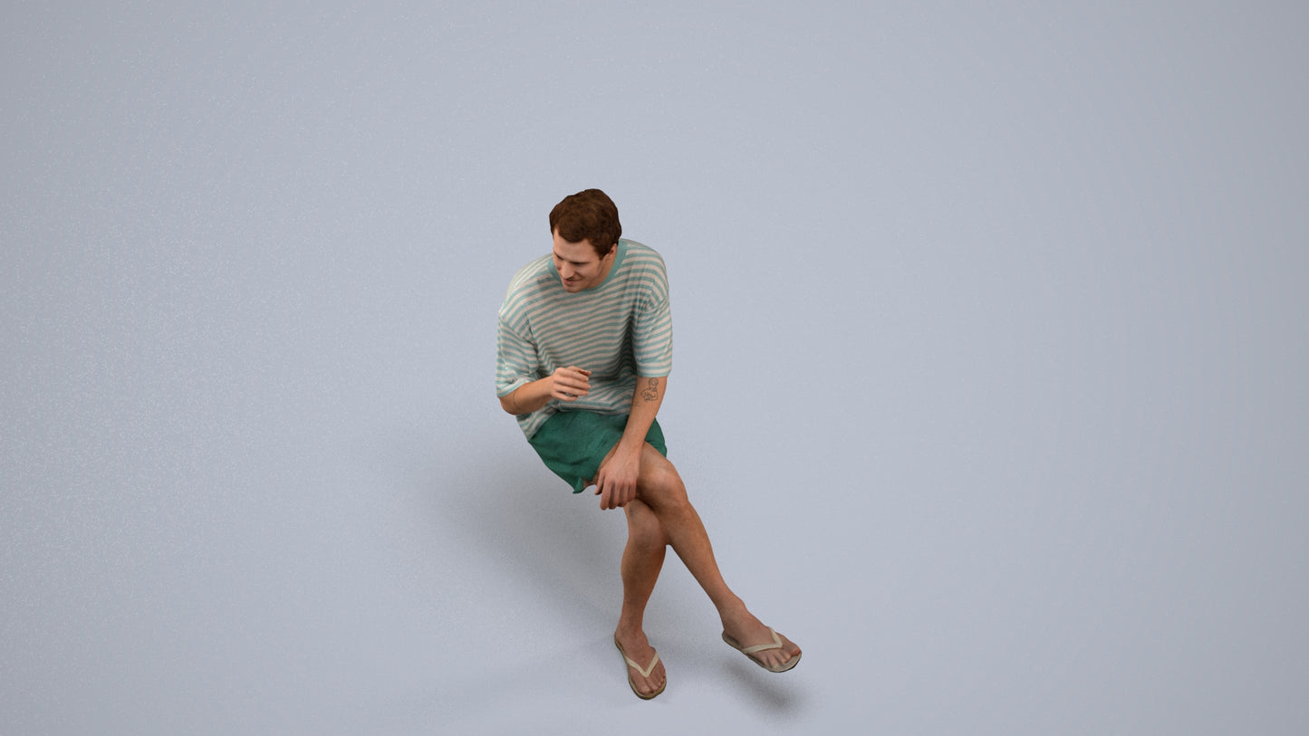 realistic 3D man casual sitting, scanned archviz people for Blender and 3ds Max, back view render