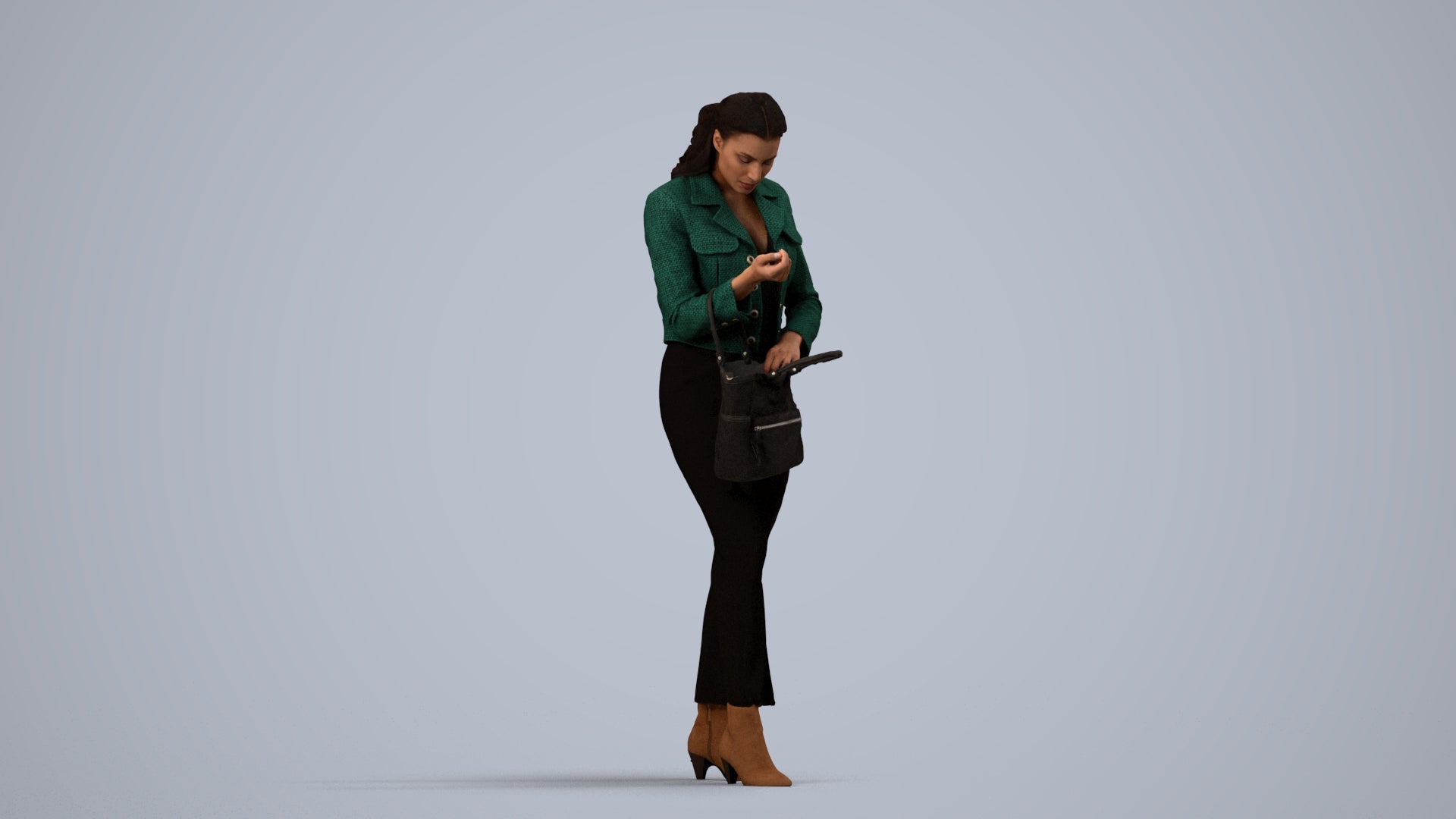 realistic 3D woman business standing, scanned archviz people for Blender and 3ds Max, side view render