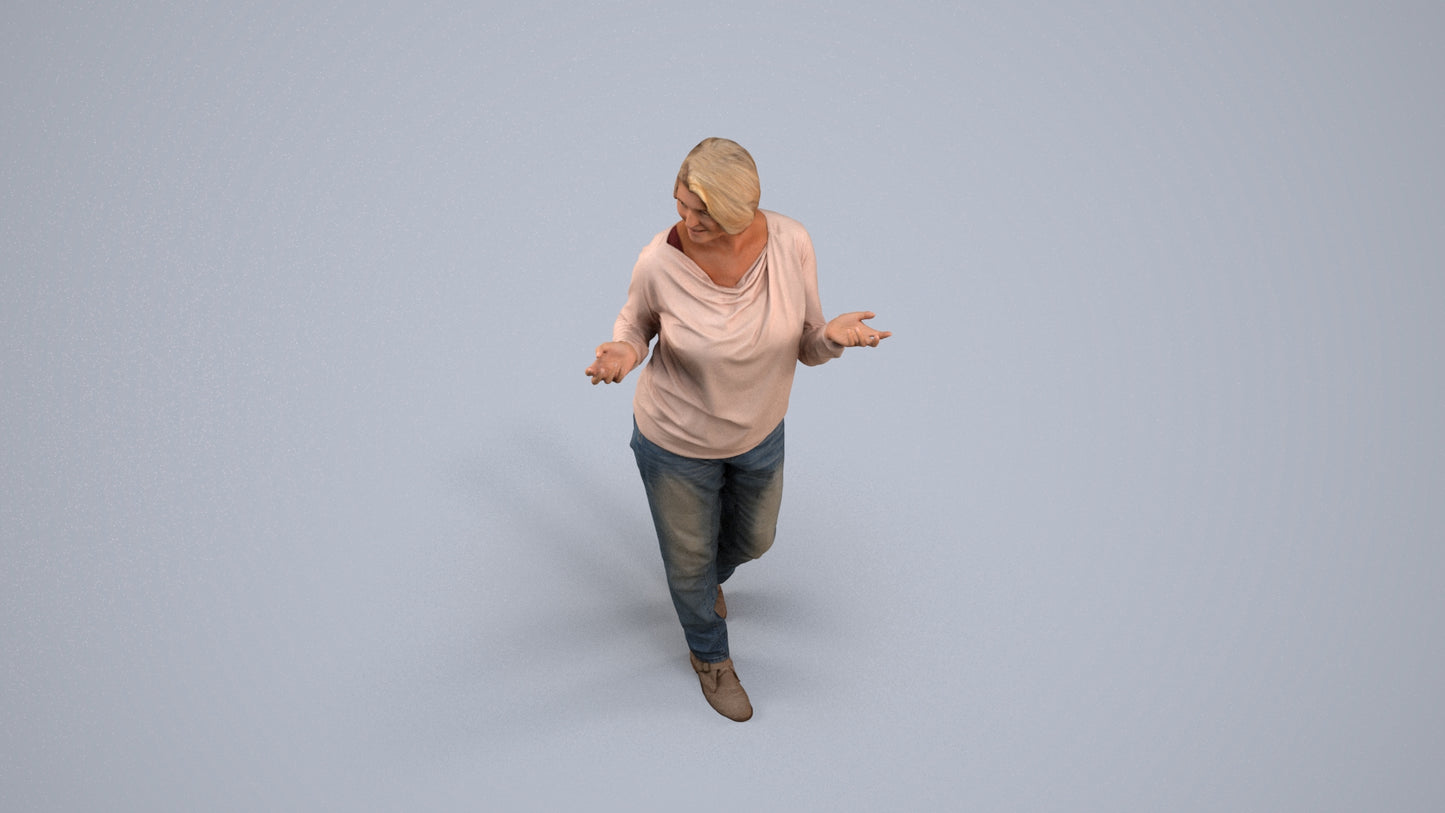 realistic 3D human woman casual walking, archviz people FBX OBJ for Blender, back view render