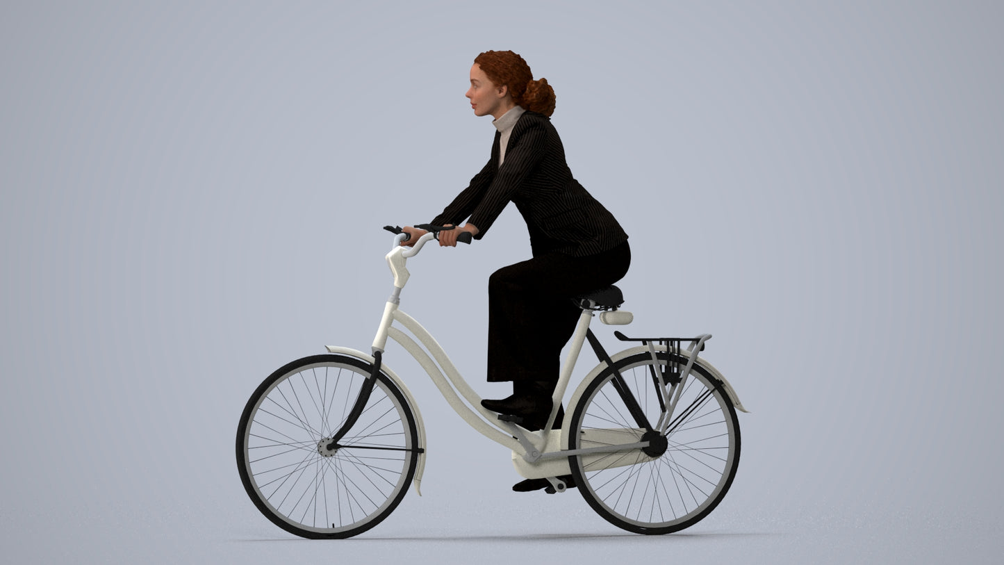 realistic 3D people woman business cycling, render-ready for V-Ray and Corona, FBX OBJ, three-quarter view render