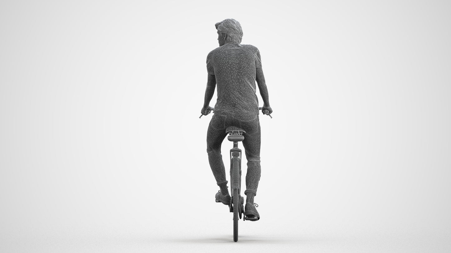 realistic 3D man casual cycling, scanned archviz people for Blender and 3ds Max, wireframe front view