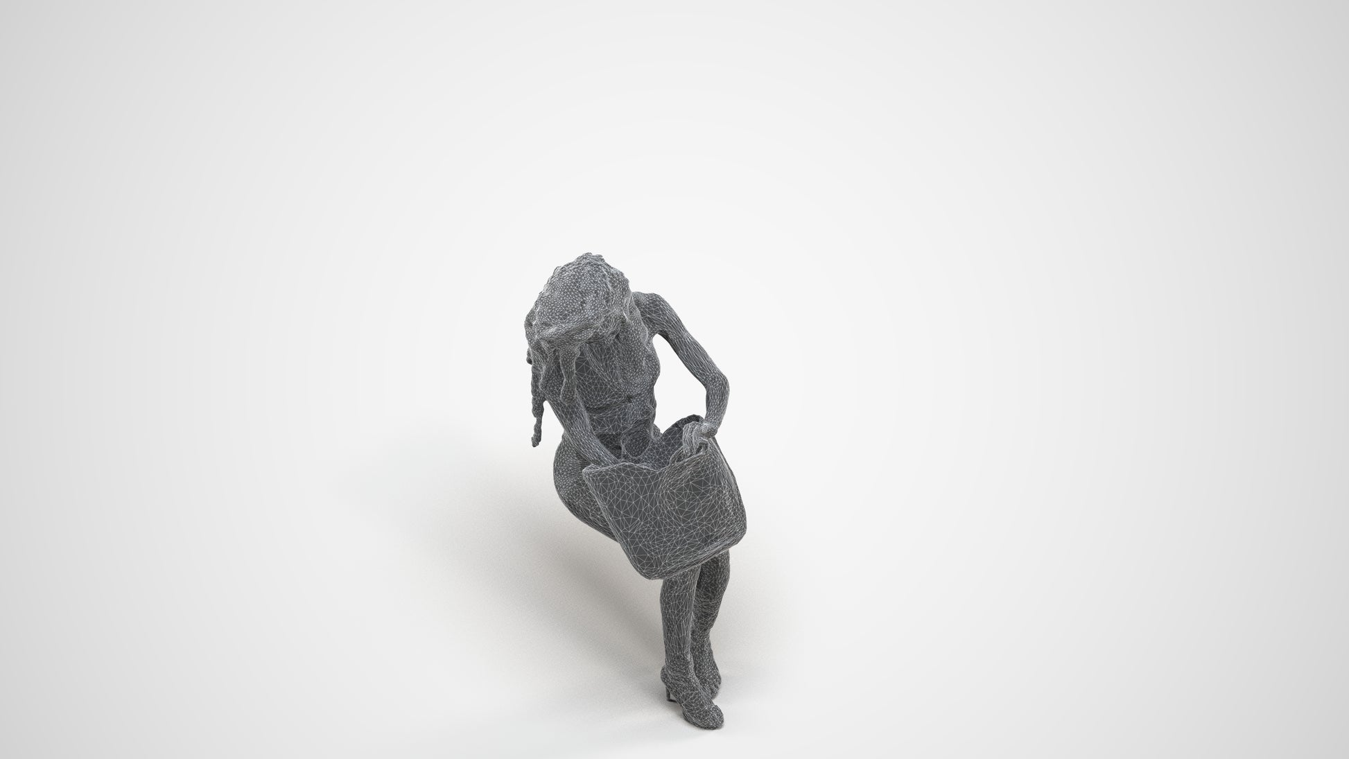 photogrammetry 3D woman casual sitting, realistic human model archviz FBX, wireframe three-quarter view