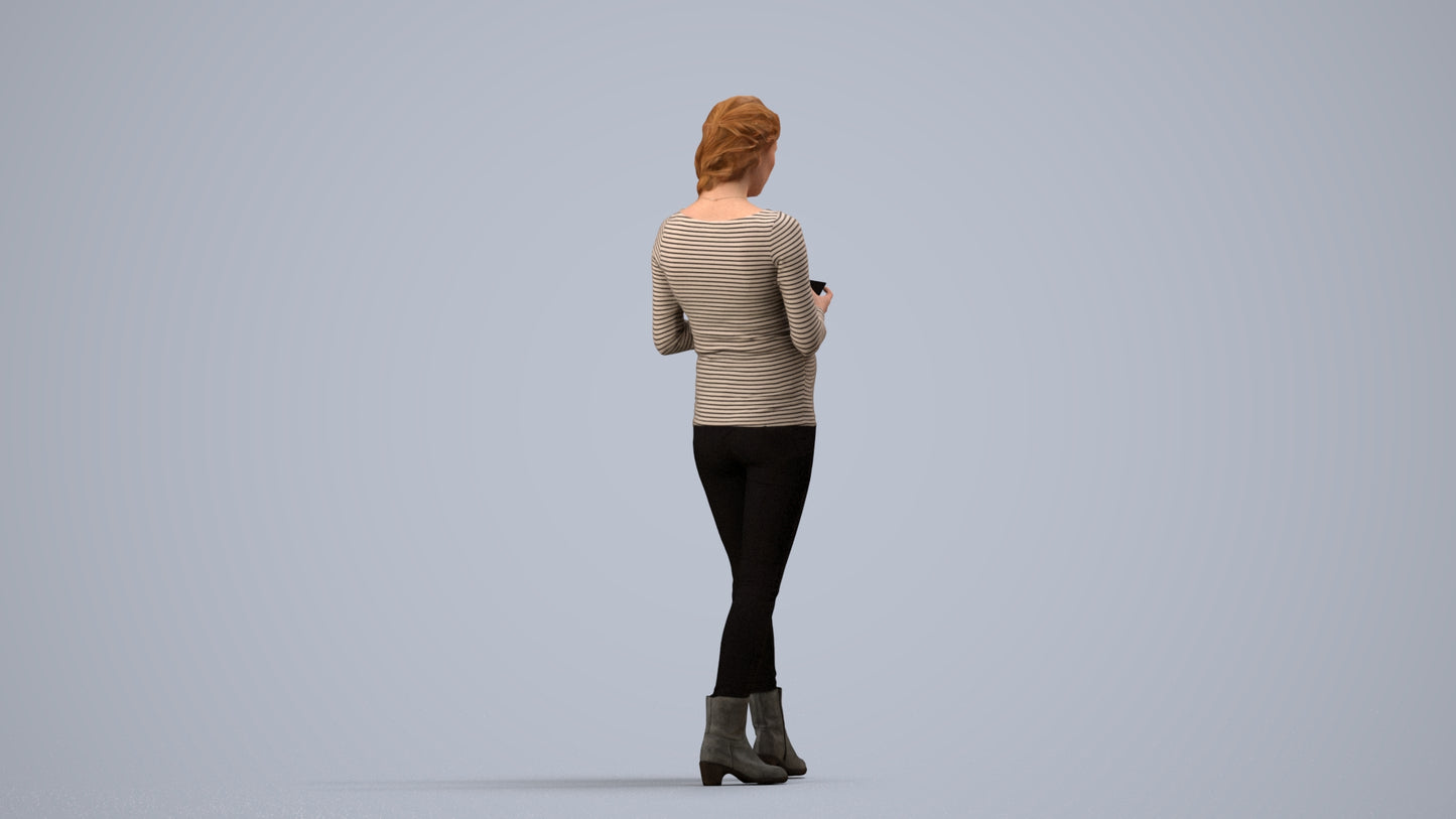 3D scanned woman standing casual, photorealistic archviz people for Enscape and SketchUp, side view render