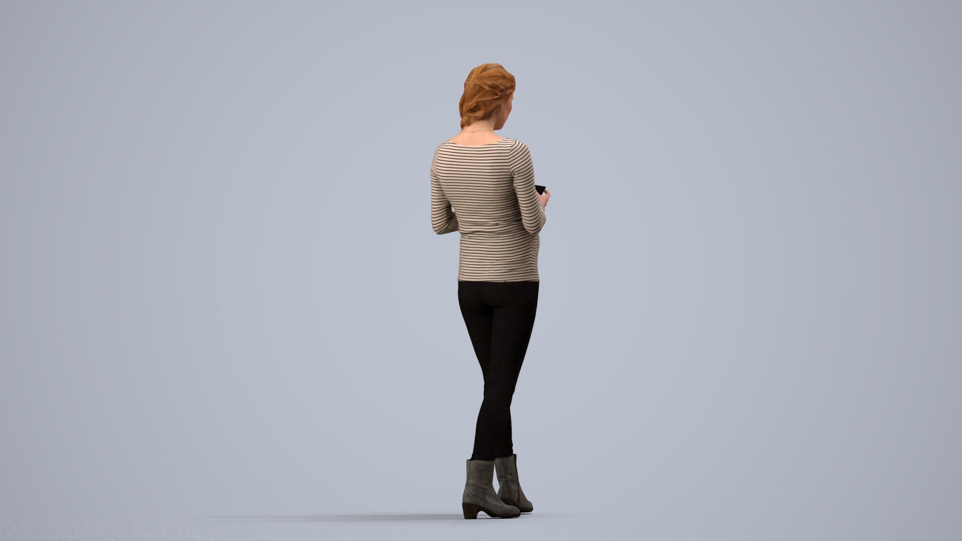 3D scanned woman standing casual, photorealistic archviz people for Enscape and SketchUp, side view render
