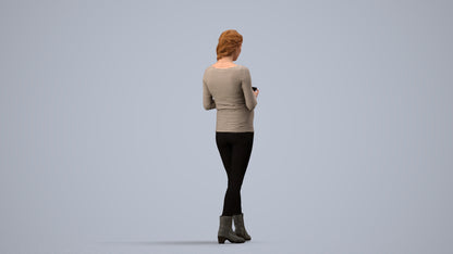3D scanned woman standing casual, photorealistic archviz people for Enscape and SketchUp, side view render