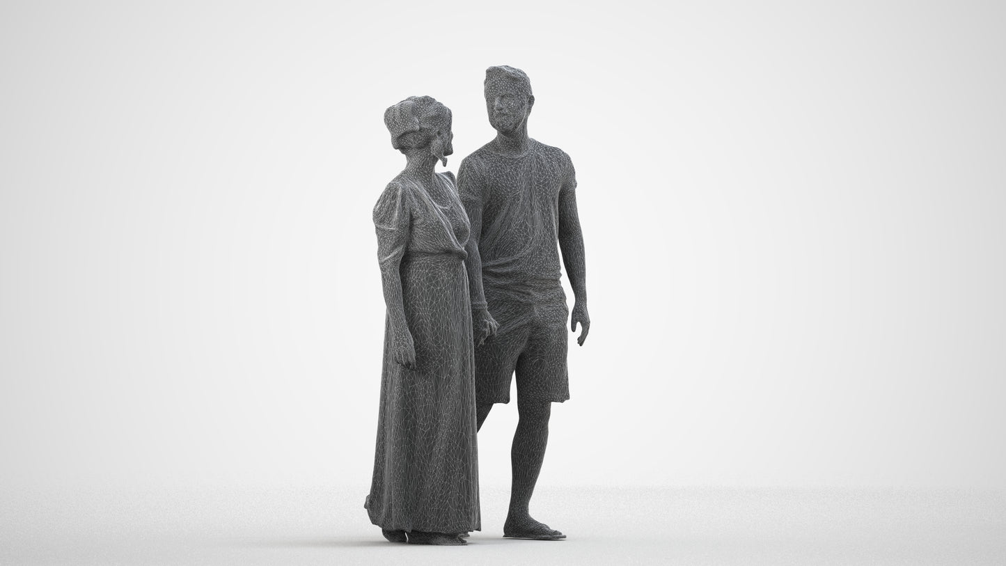 3D human model woman couple, photogrammetry scanned person for archviz, wireframe side view