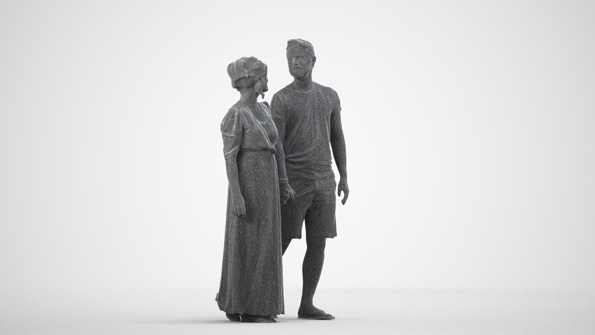3D human model woman couple, photogrammetry scanned person for archviz, wireframe side view