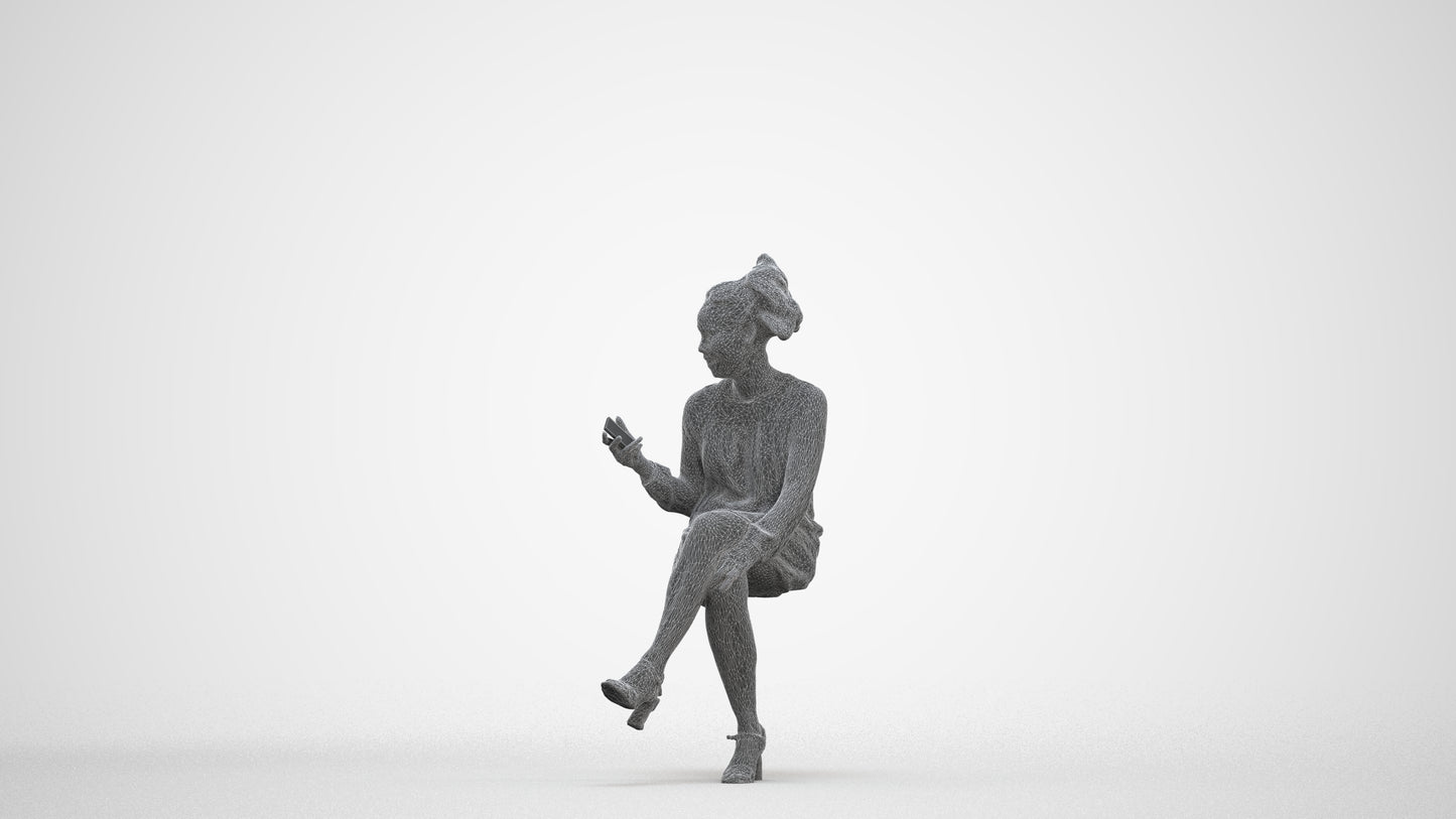 3D scanned woman sitting casual, photorealistic archviz people for Enscape and SketchUp, three-quarter front view render