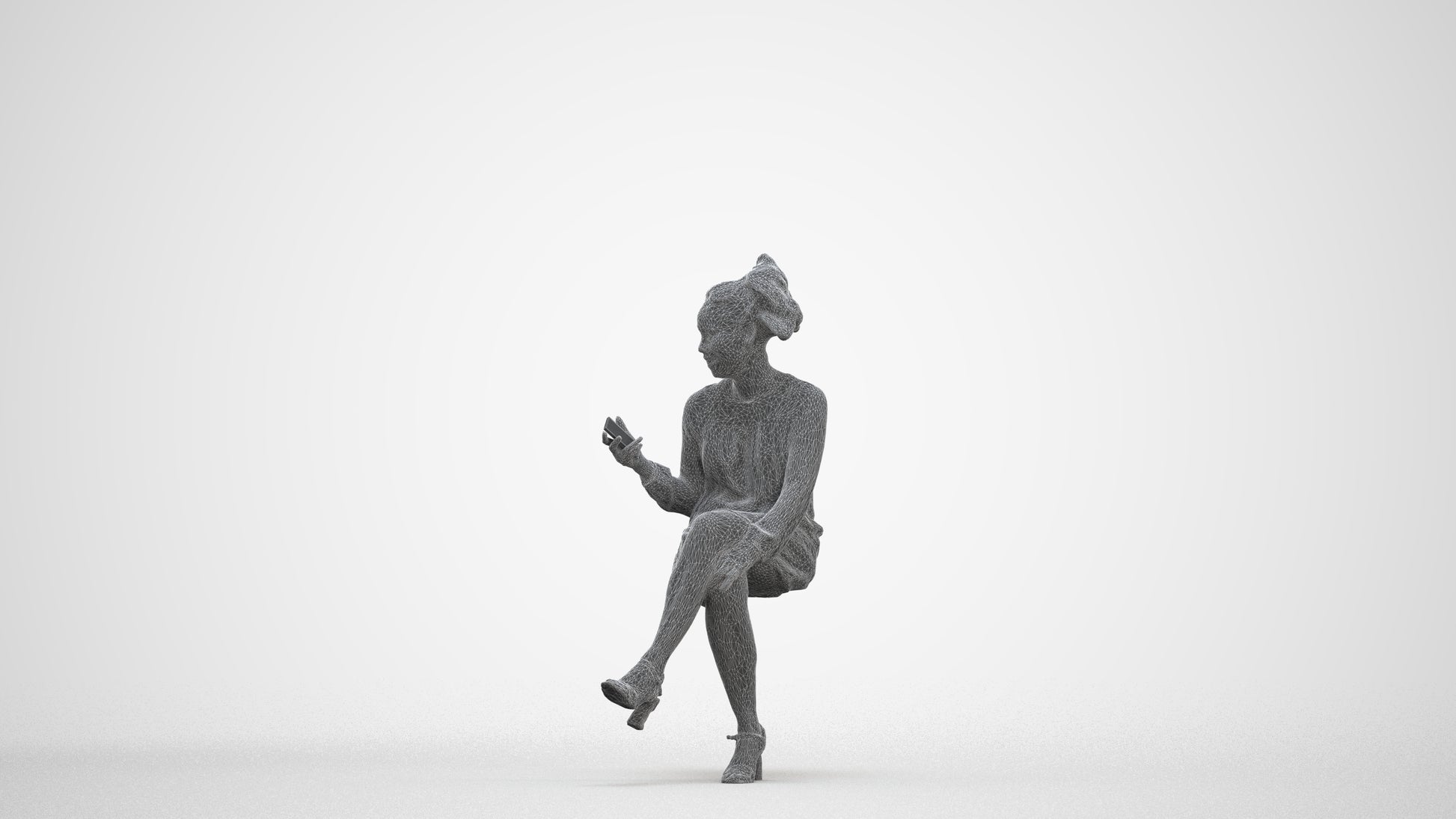 3D scanned woman sitting casual, photorealistic archviz people for Enscape and SketchUp, three-quarter front view render