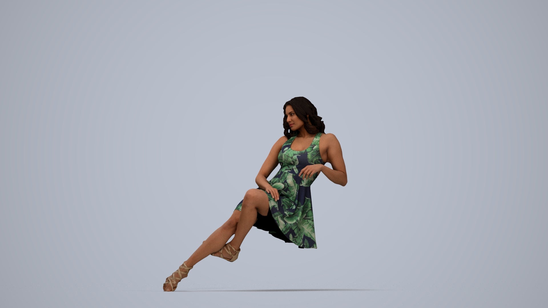 photogrammetry 3D woman sitting, realistic human model archviz FBX, top-down view render
