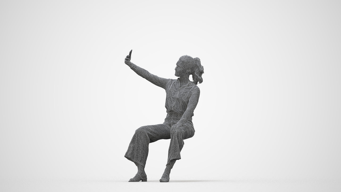 3D people model woman casual sitting, scanned human for 3ds Max rendering, wireframe back view