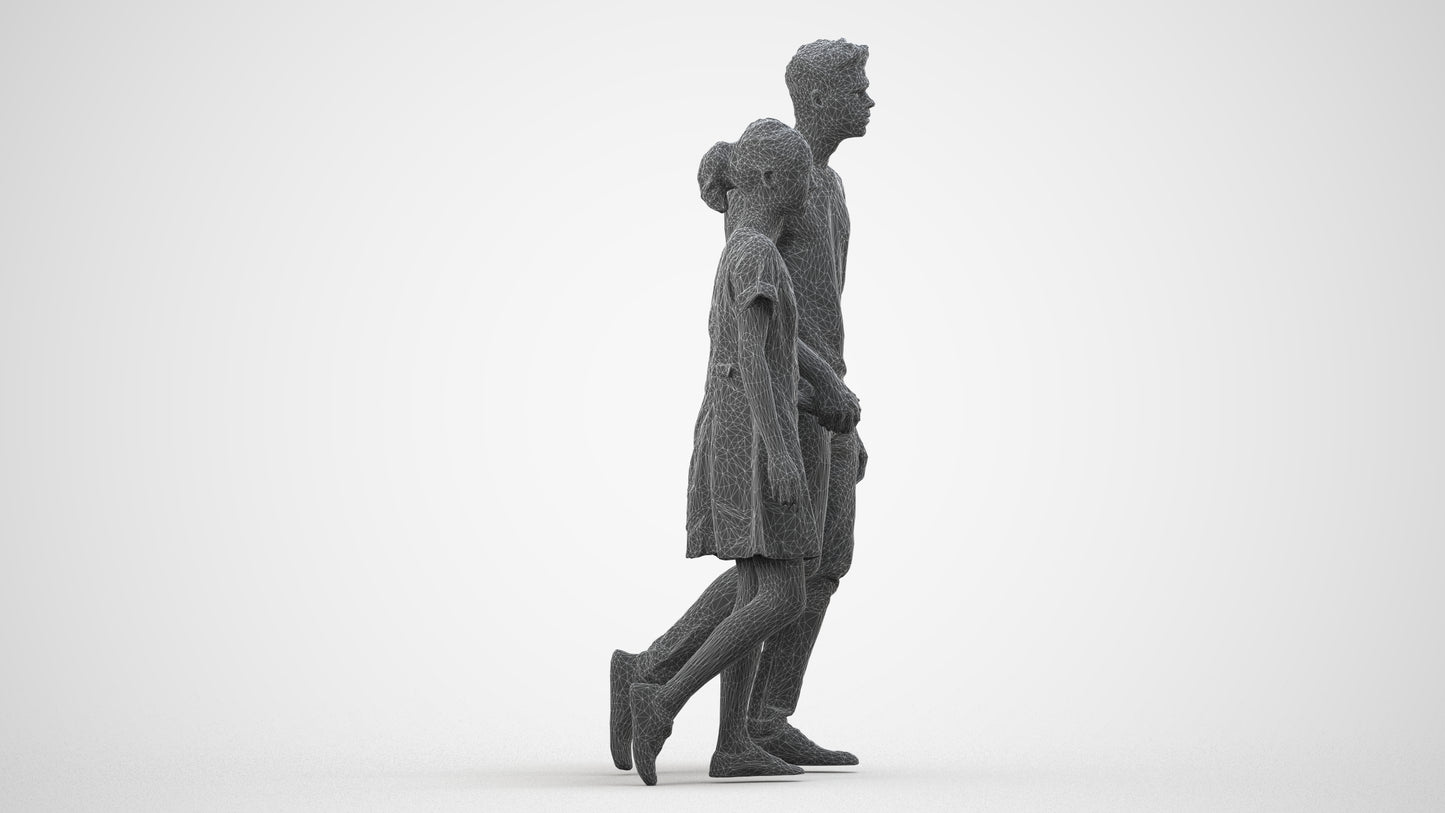 3D human model woman casual couple, photogrammetry scanned person for archviz, wireframe side view