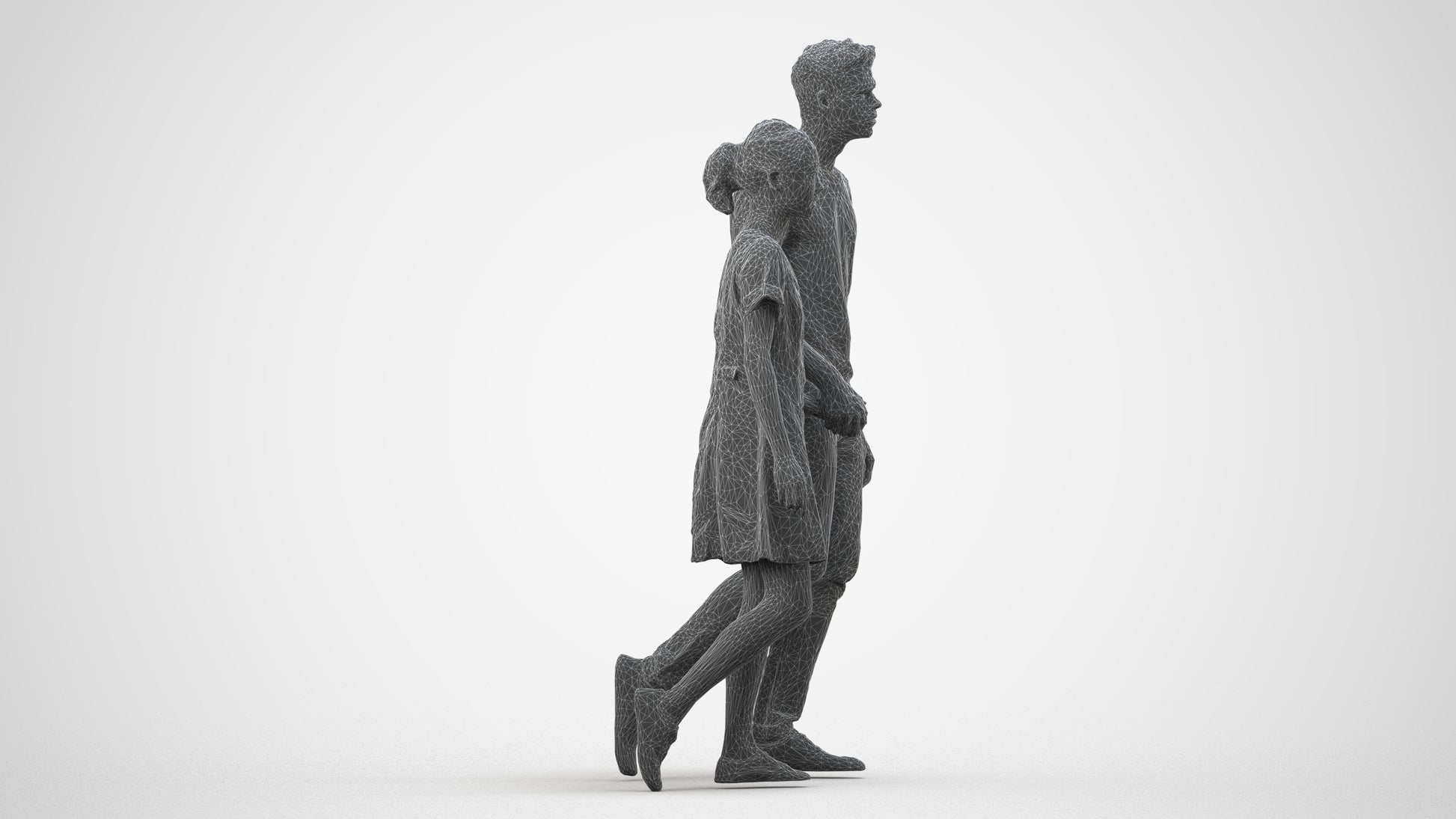 3D human model woman casual couple, photogrammetry scanned person for archviz, wireframe side view
