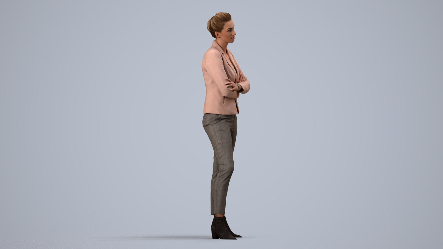 3D human model woman business, photogrammetry scanned person for archviz, side view render