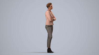 3D human model woman business, photogrammetry scanned person for archviz, side view render