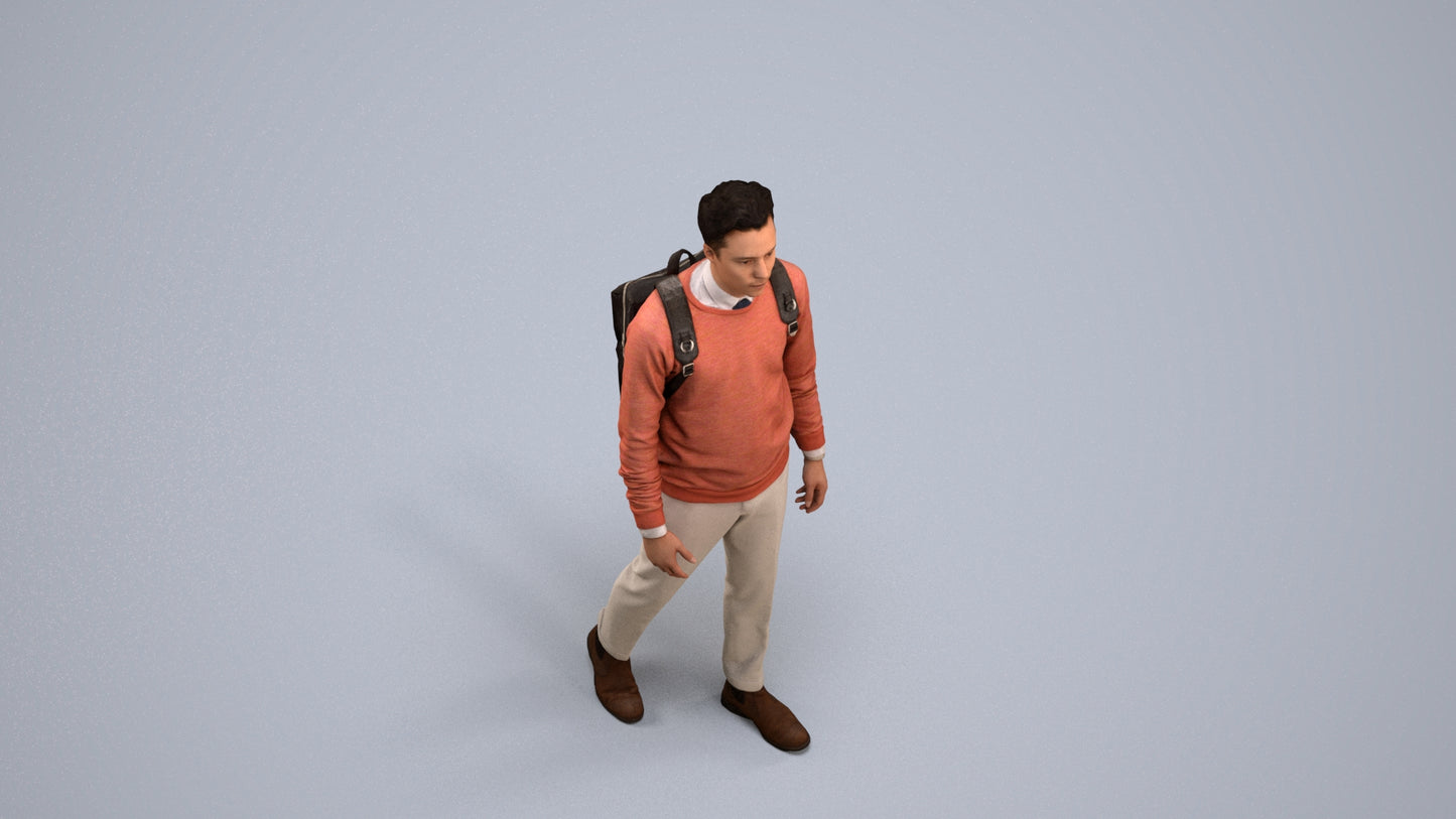 realistic 3D human man casual walking, archviz people FBX OBJ for Blender, back view render