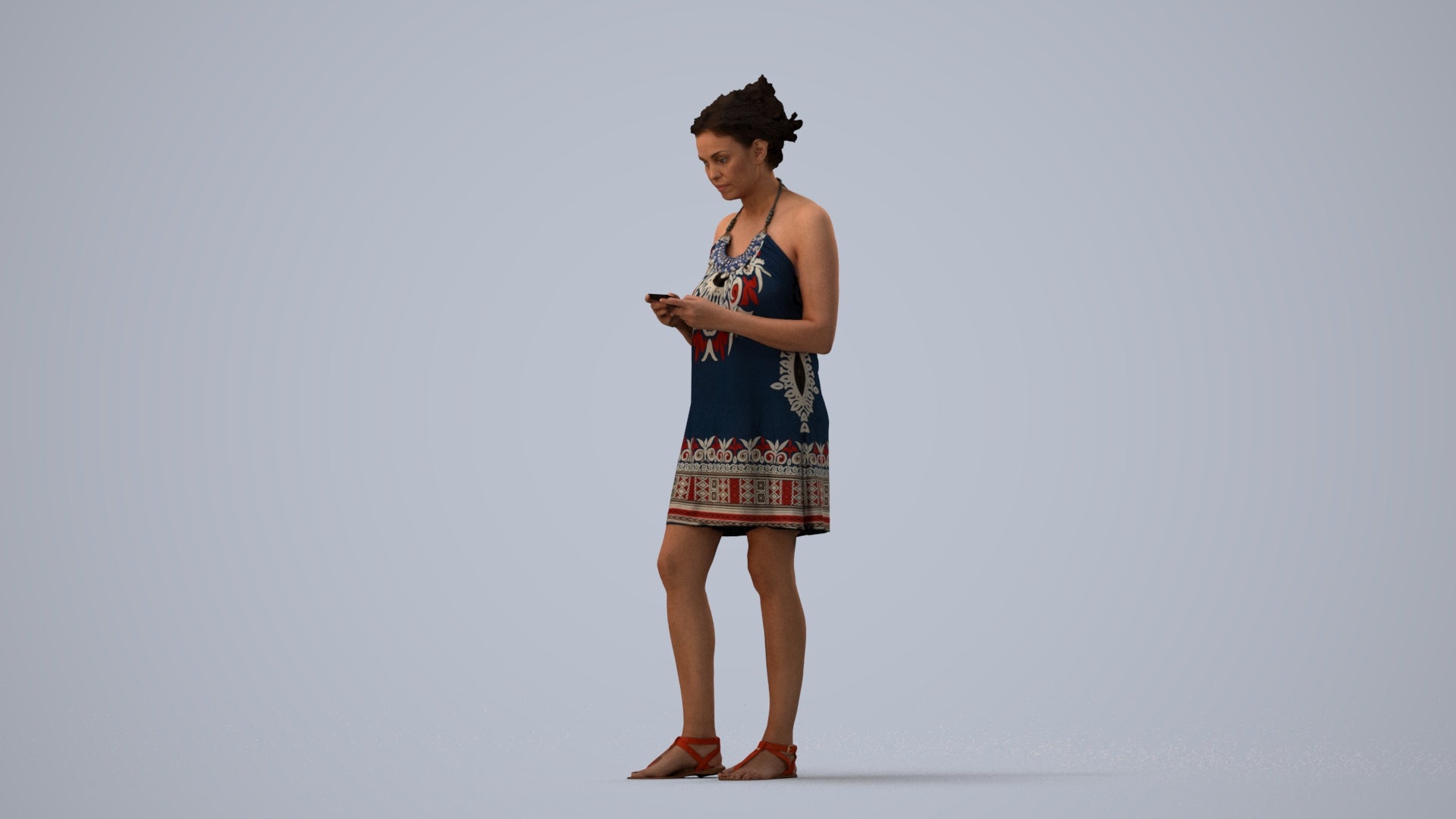 photogrammetry 3D woman standing, realistic human model archviz FBX, three-quarter view render