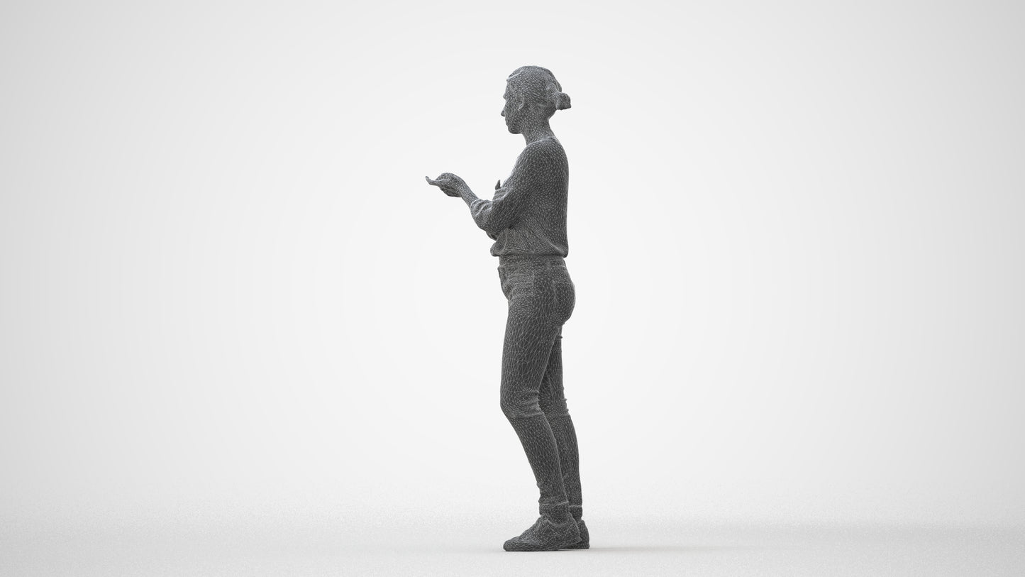 3D human model woman casual standing, photogrammetry scanned person for archviz, square thumbnail