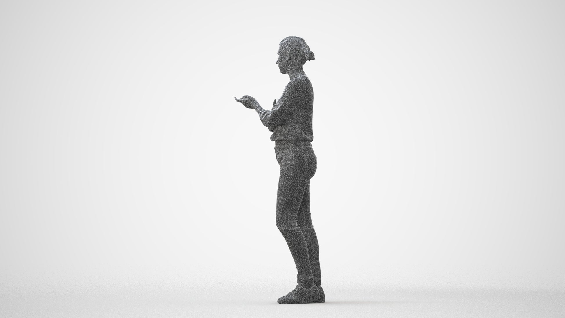 3D human model woman casual standing, photogrammetry scanned person for archviz, square thumbnail