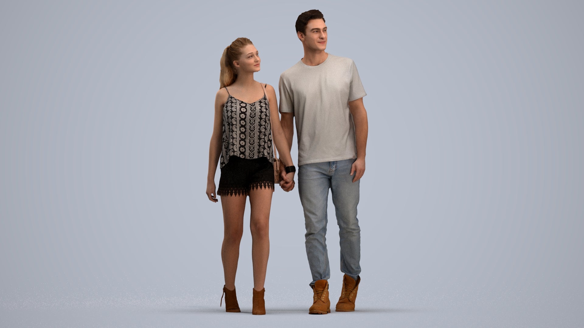 realistic 3D woman casual couple, scanned archviz people for Blender and 3ds Max, standing pose render