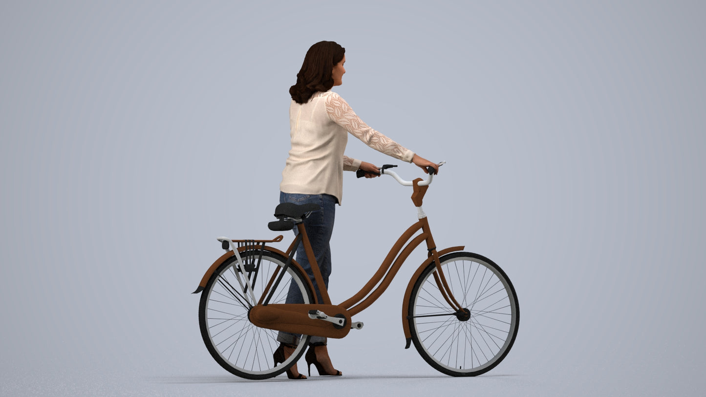 realistic 3D human woman casual cycling, archviz people FBX OBJ for Blender, side view render