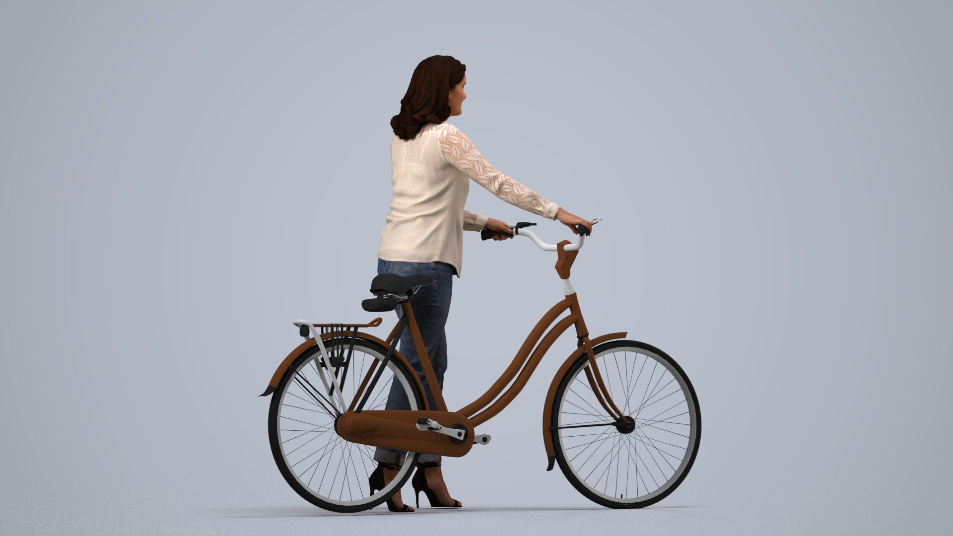 realistic 3D human woman casual cycling, archviz people FBX OBJ for Blender, side view render