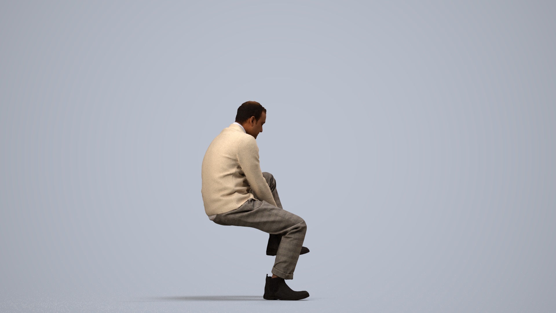 3D scanned woman sitting casual, photorealistic archviz people for Enscape and SketchUp, side view render