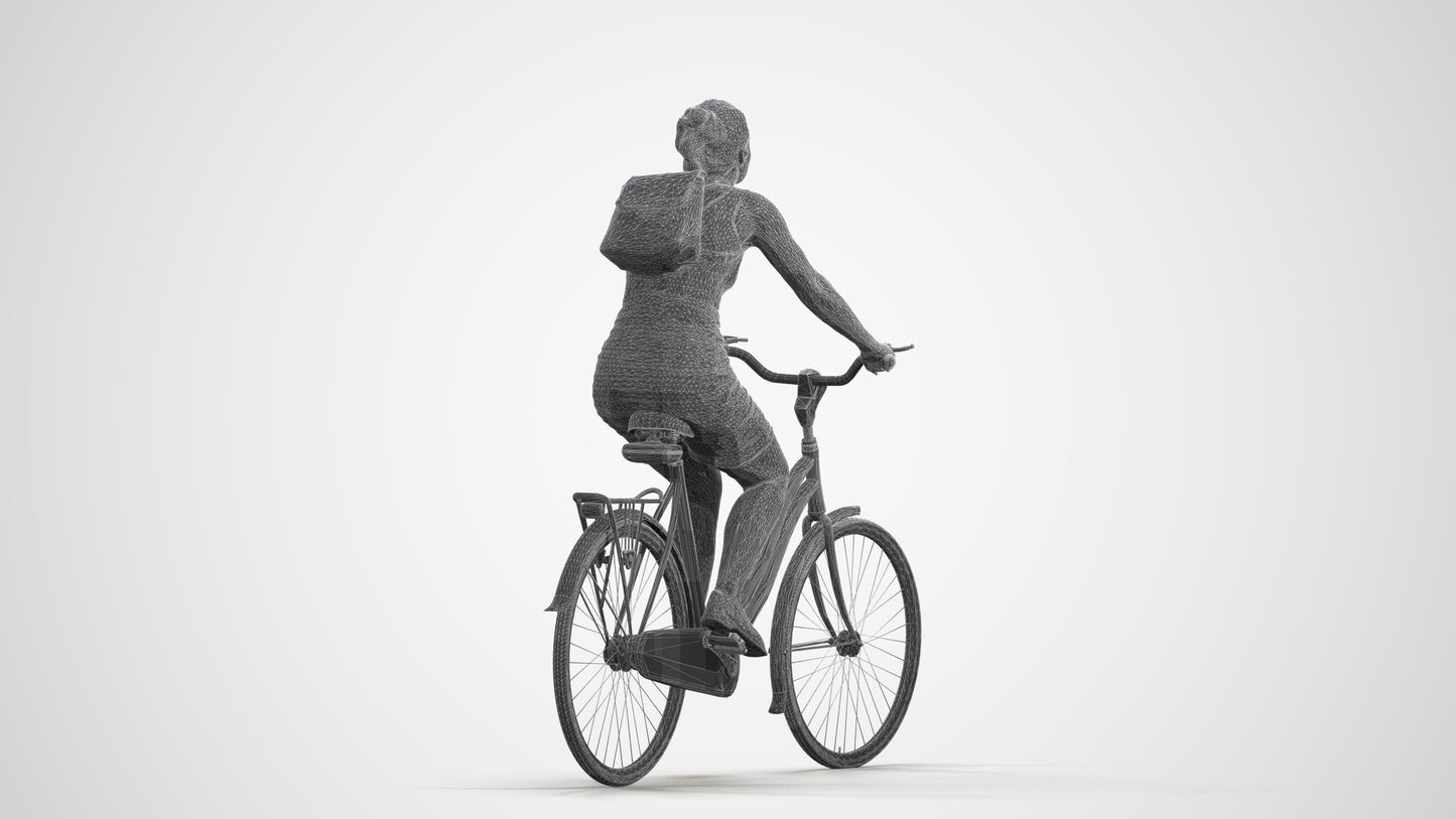 3D scanned girl cycling casual, photorealistic archviz people for Enscape and SketchUp, wireframe front view