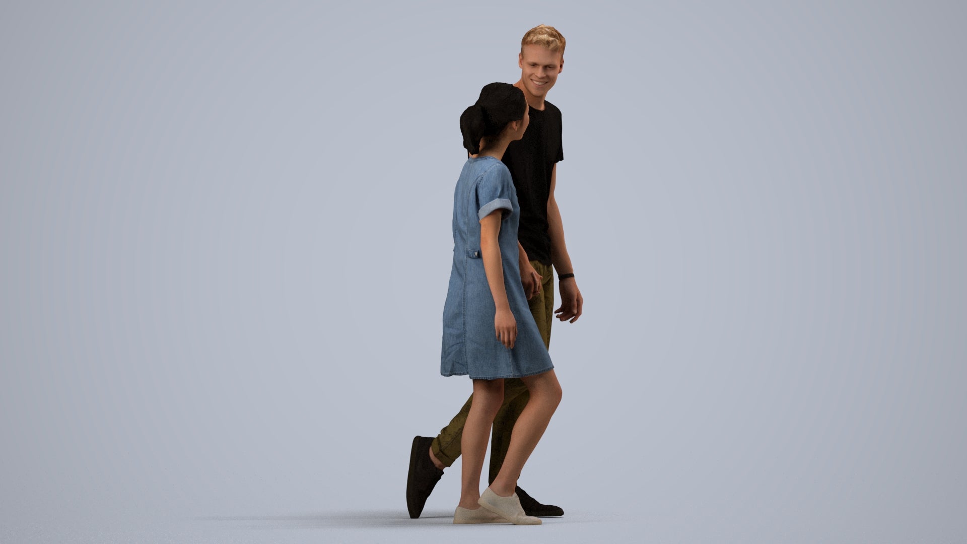 3D people model woman casual couple, scanned human for 3ds Max rendering, side view render