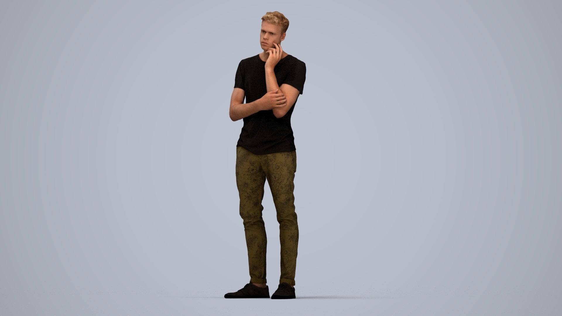 photogrammetry 3D man casual standing, realistic human model archviz FBX, top-down view render