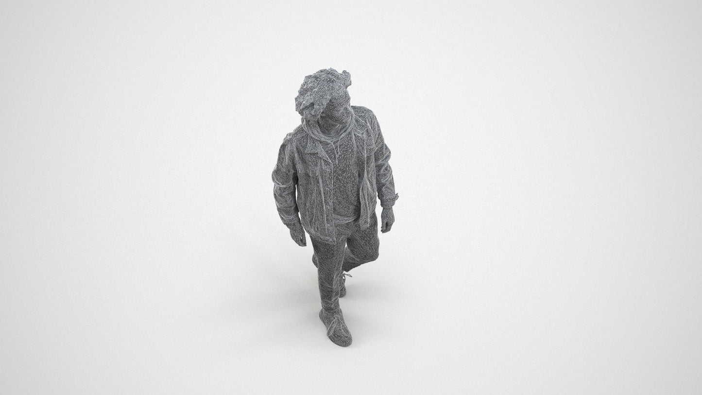 realistic 3D human man casual walking, archviz people FBX OBJ for Blender, wireframe three-quarter view