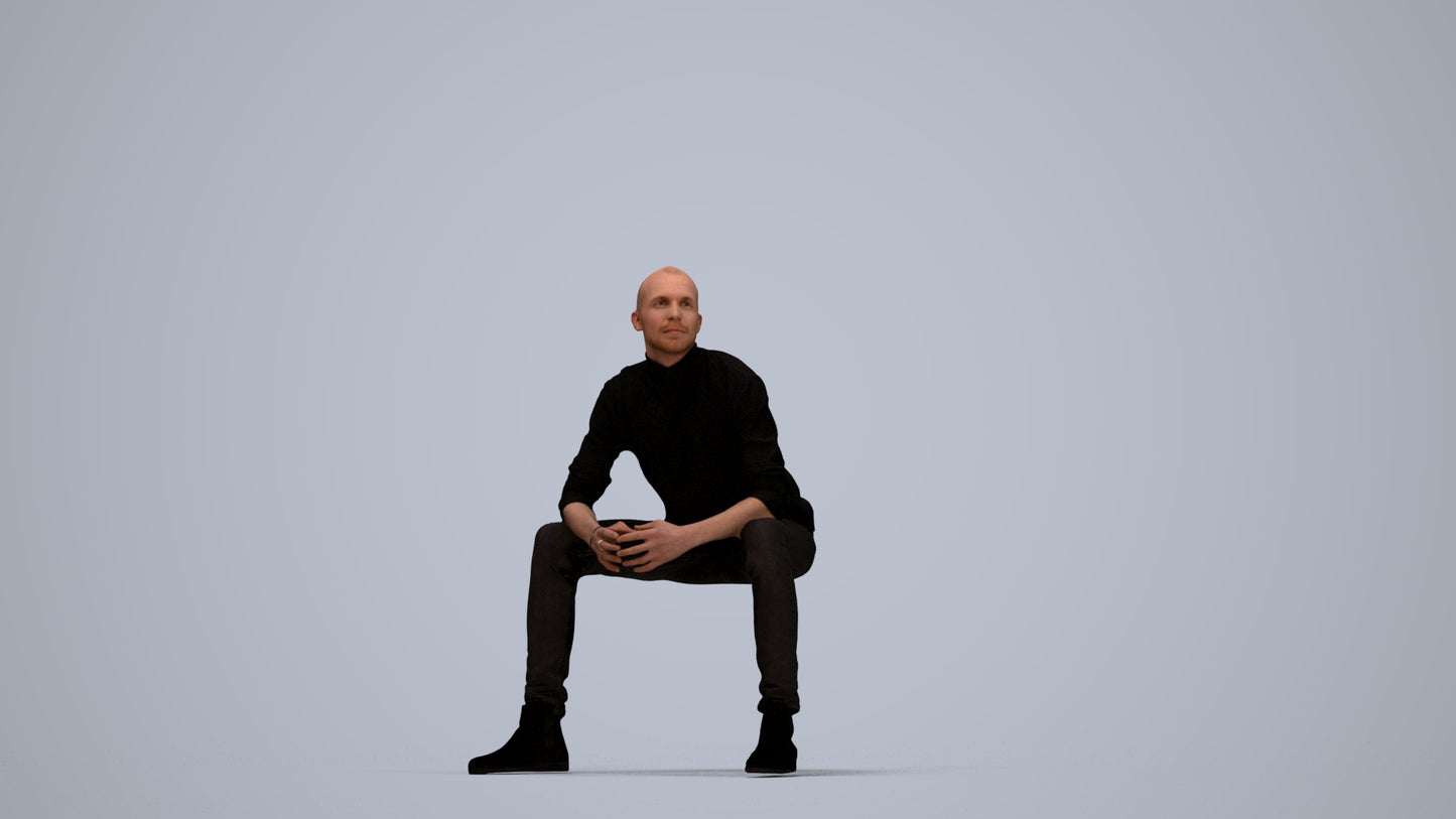 realistic 3D human man casual sitting, archviz people FBX OBJ for Blender, top-down view render