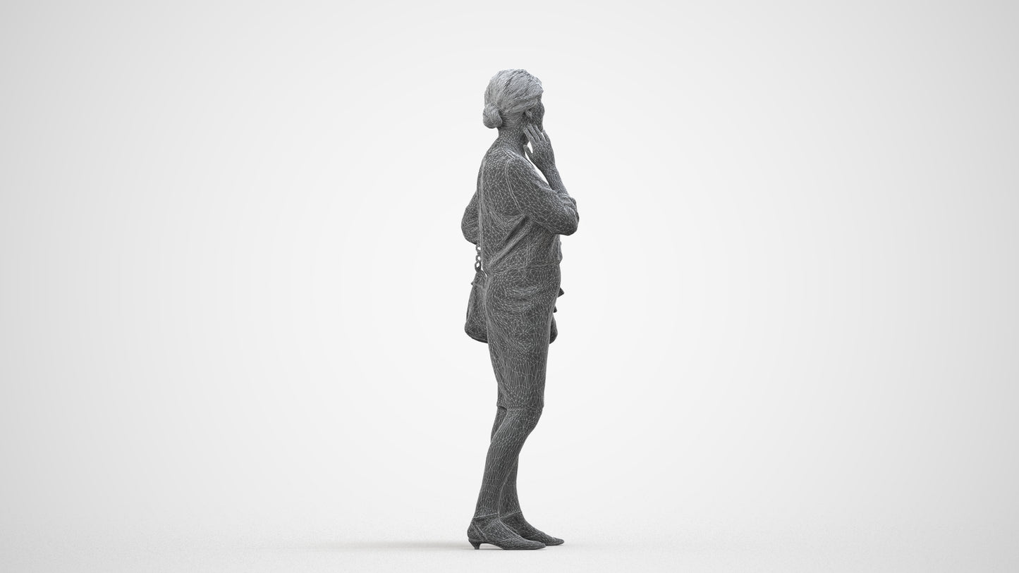 realistic 3D human senior woman business standing, archviz people FBX OBJ for Blender, wireframe side view