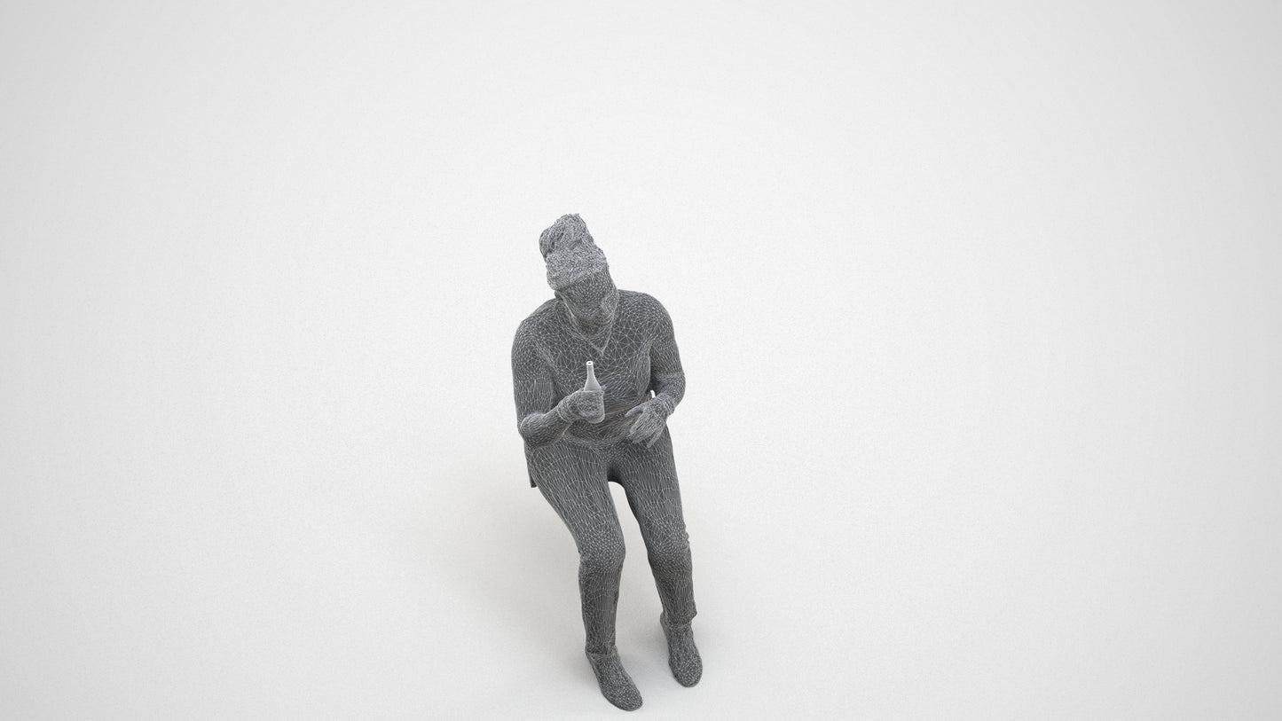photogrammetry 3D woman casual sitting, realistic human model archviz FBX, wireframe three-quarter view