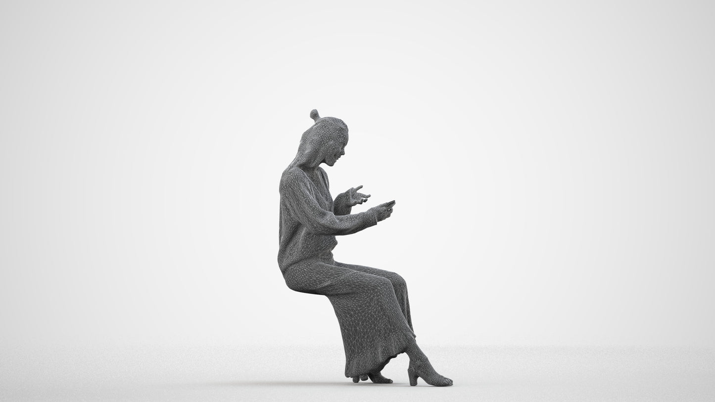 realistic 3D woman casual sitting, scanned archviz people for Blender and 3ds Max, wireframe side view