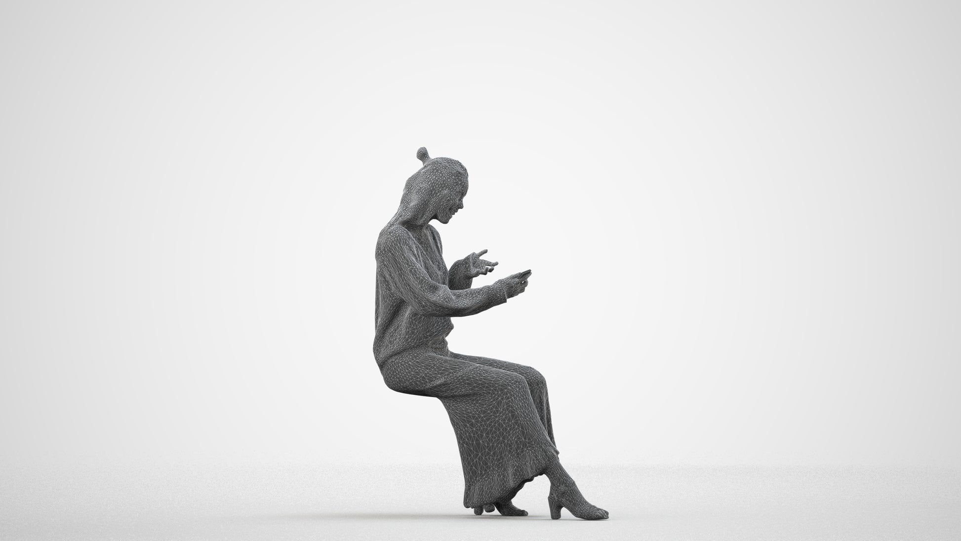 realistic 3D woman casual sitting, scanned archviz people for Blender and 3ds Max, wireframe side view