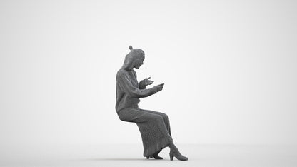 realistic 3D woman casual sitting, scanned archviz people for Blender and 3ds Max, wireframe side view
