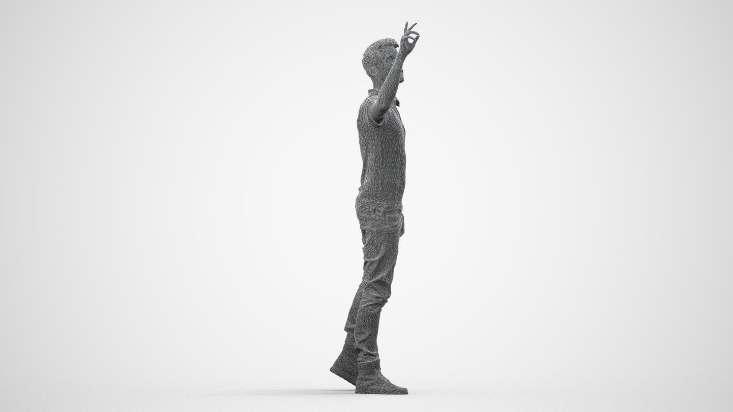 3D human model man casual standing, photogrammetry scanned person for archviz, wireframe side view