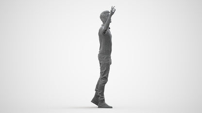 3D human model man casual standing, photogrammetry scanned person for archviz, wireframe side view