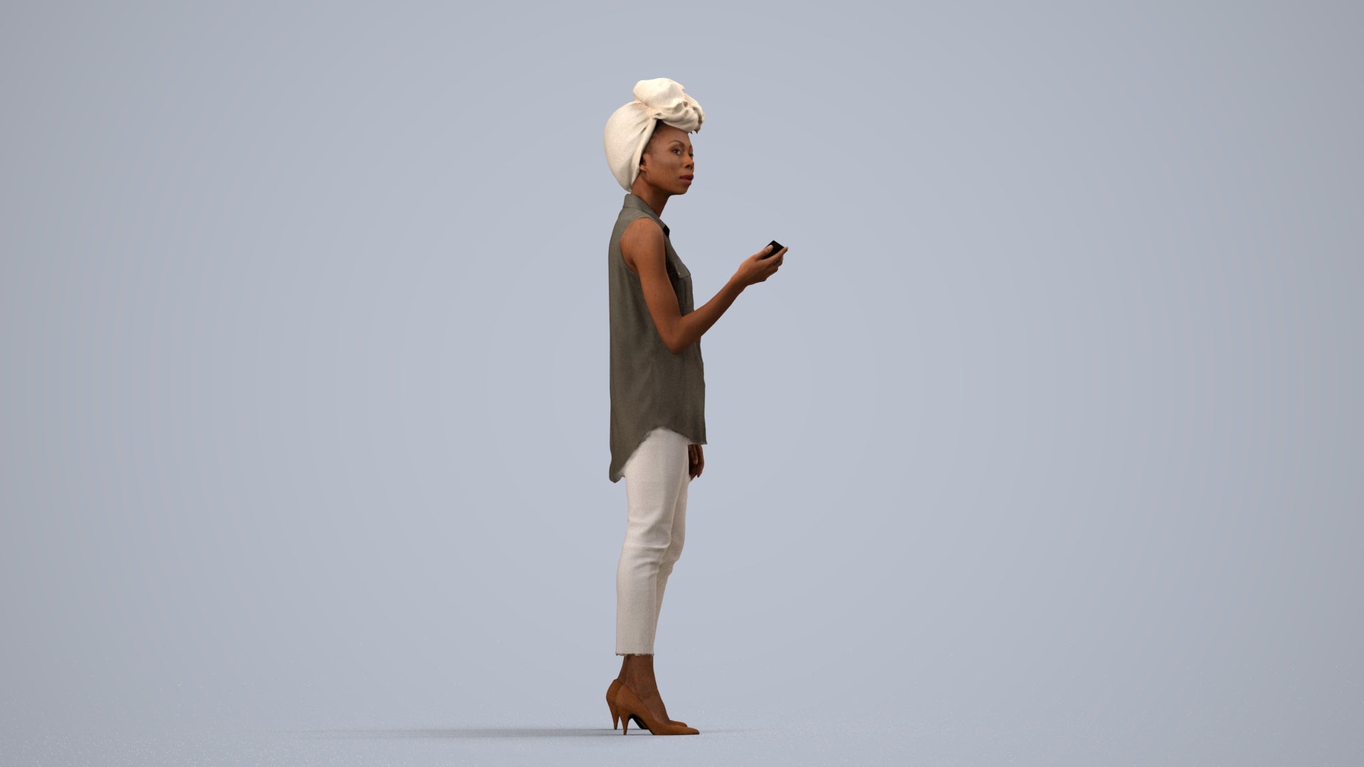 3D scanned woman standing casual, photorealistic archviz people for Enscape and SketchUp, side view render
