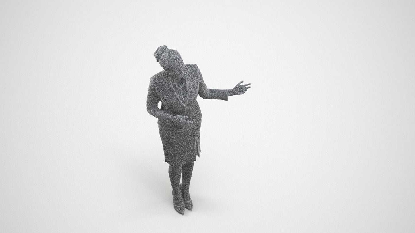 photogrammetry 3D woman hospitality, realistic human model archviz FBX, wireframe three-quarter view