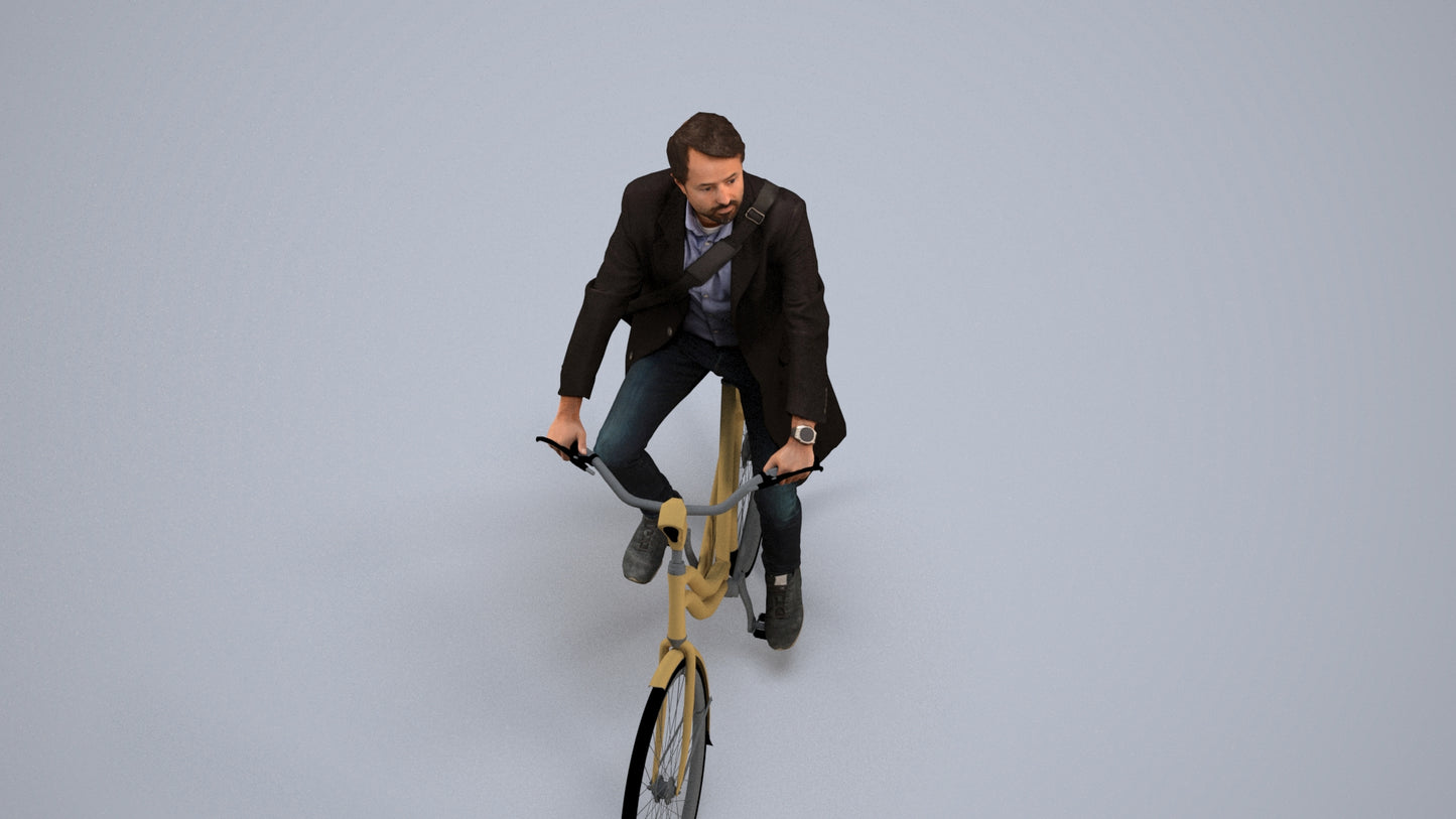 realistic 3D human man business cycling, archviz people FBX OBJ for Blender, back view render