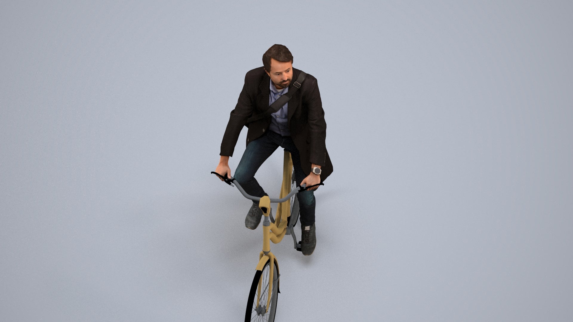 realistic 3D human man business cycling, archviz people FBX OBJ for Blender, back view render