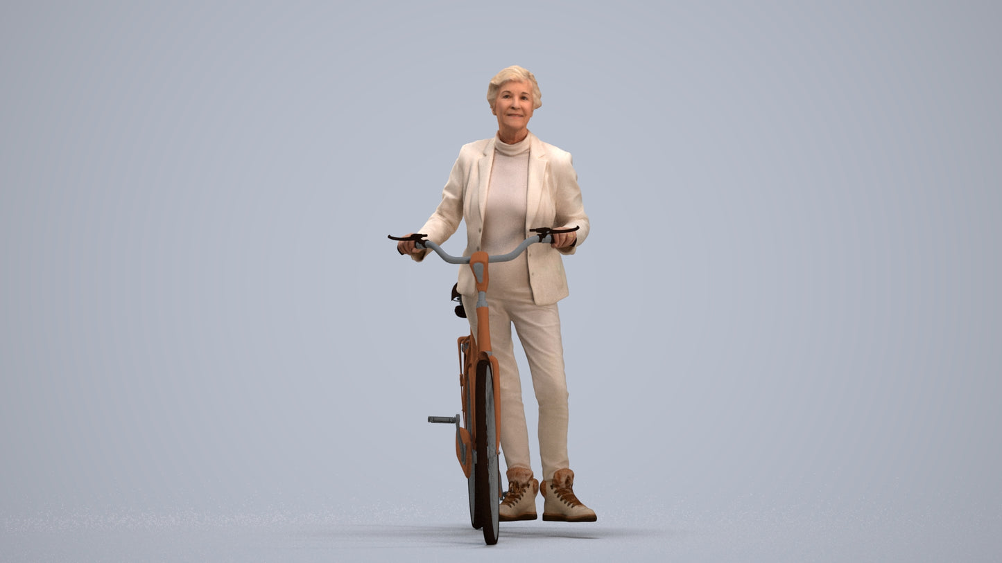 3D human model senior woman business cycling, photogrammetry scanned person for archviz, standing pose render