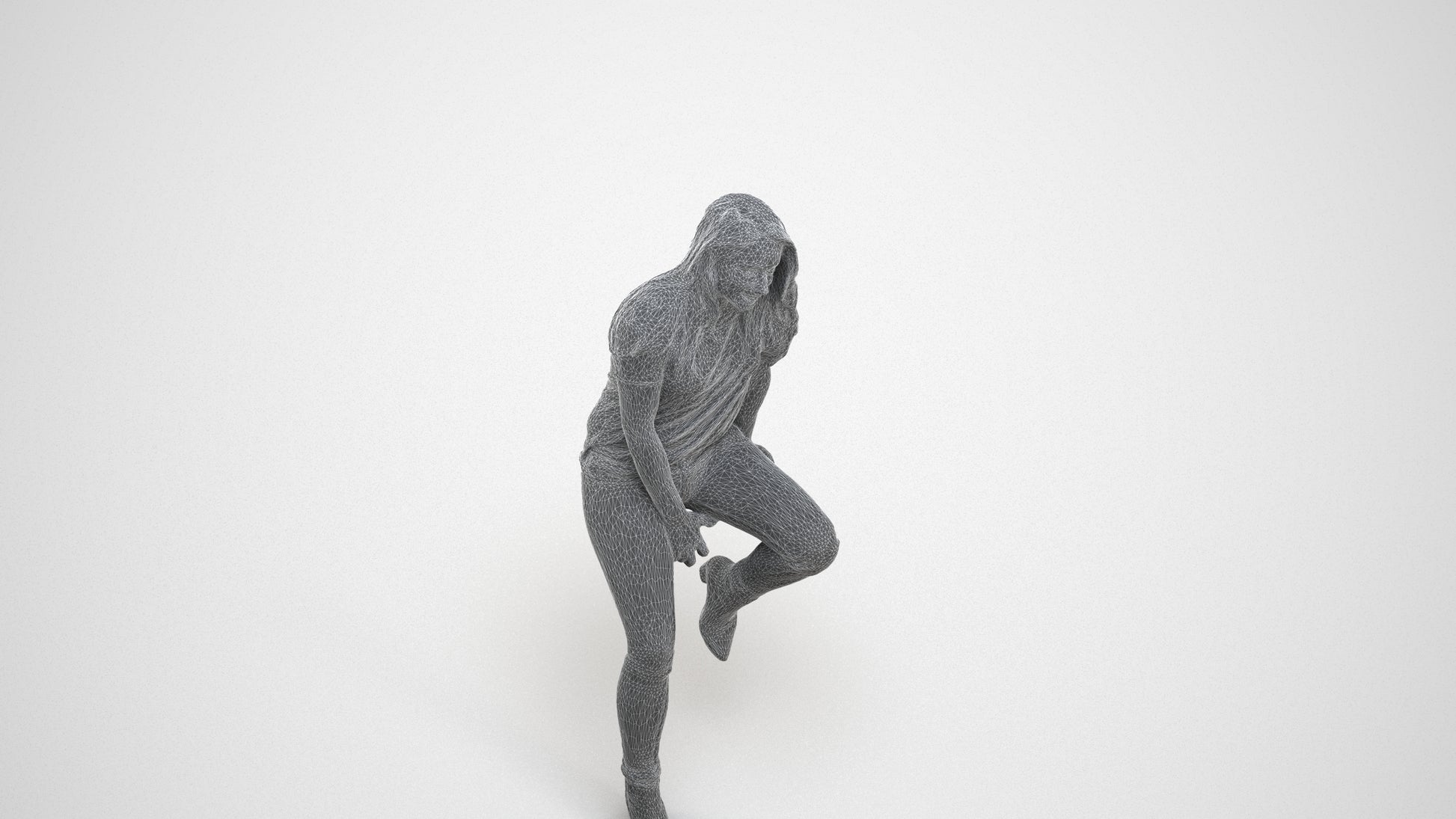 realistic 3D woman casual sitting, scanned archviz people for Blender and 3ds Max, wireframe three-quarter view