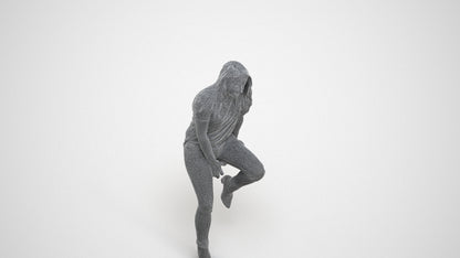 realistic 3D woman casual sitting, scanned archviz people for Blender and 3ds Max, wireframe three-quarter view