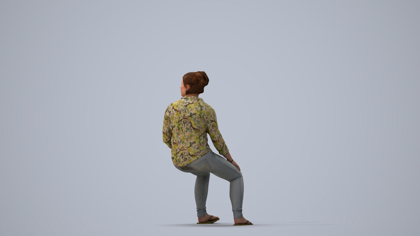 photogrammetry 3D woman casual sitting, realistic human model archviz FBX, three-quarter view render