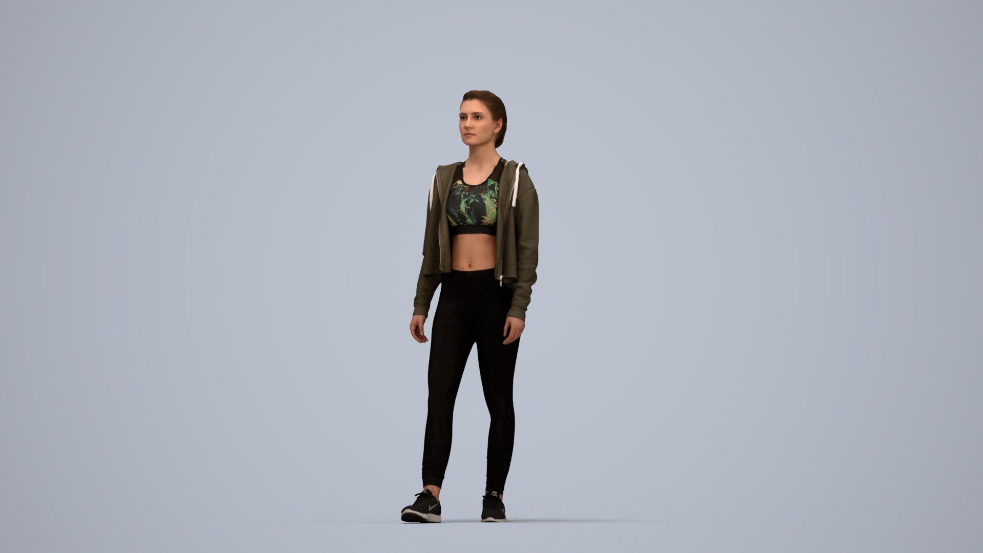 realistic 3D people woman sport, render-ready for V-Ray and Corona, FBX OBJ, top-down view render